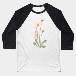 Daisy Flower Illustration With Latin Name Bellis Perennis Baseball T-Shirt